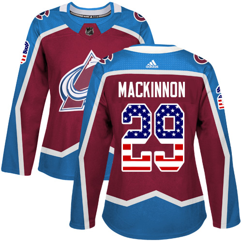 Adidas Avalanche #29 Nathan MacKinnon Burgundy Home Authentic USA Flag Women's Stitched NHL Jersey - Click Image to Close